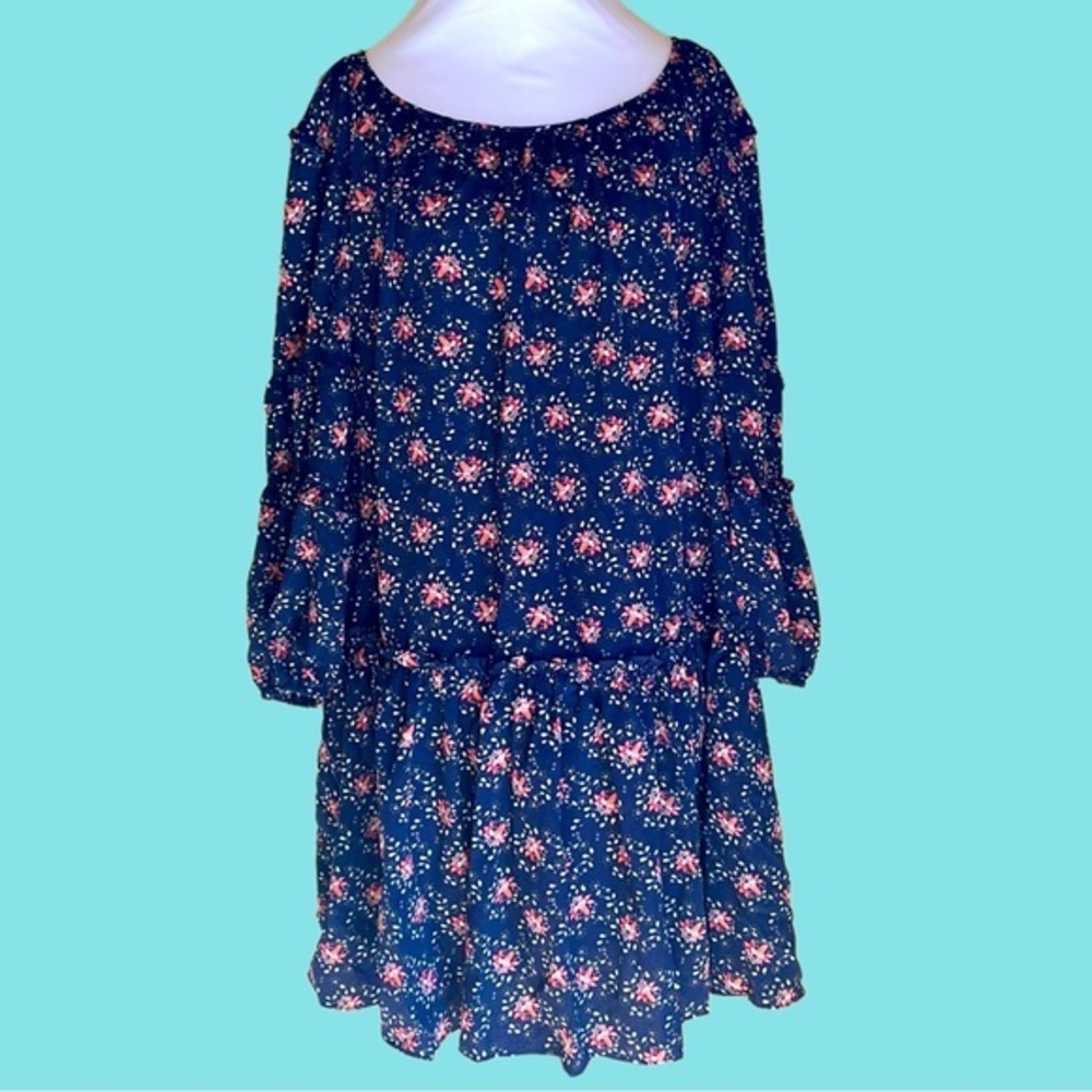 NWT Max Studio Navy Blue Floral Long Sleeve Elastic Peasant Flowy Dress‎ XL